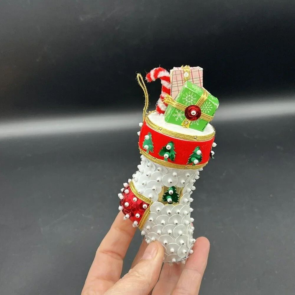 Christmas Push Pin Ornament Satin Sequin Bead Ice Skate Stockin Handmade VTG SET